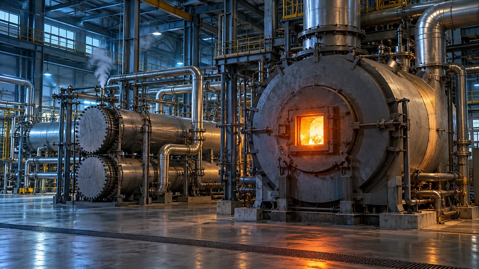 Four industriel et tuyauteries entre lumière chaude et froide